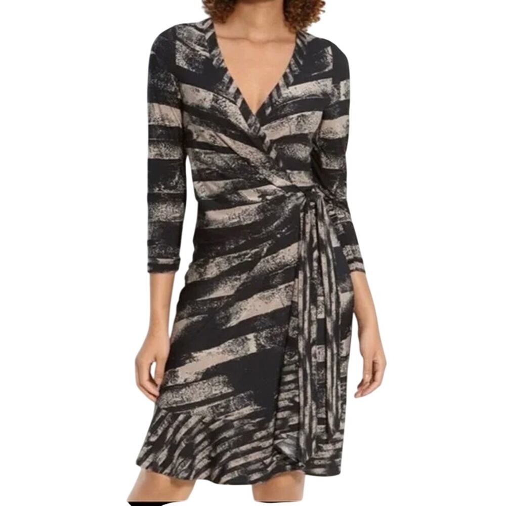 BCBGMAXAZRIA Alberta Wrap Dress XS Black Beige Abstract Jersey Indie Sleaze